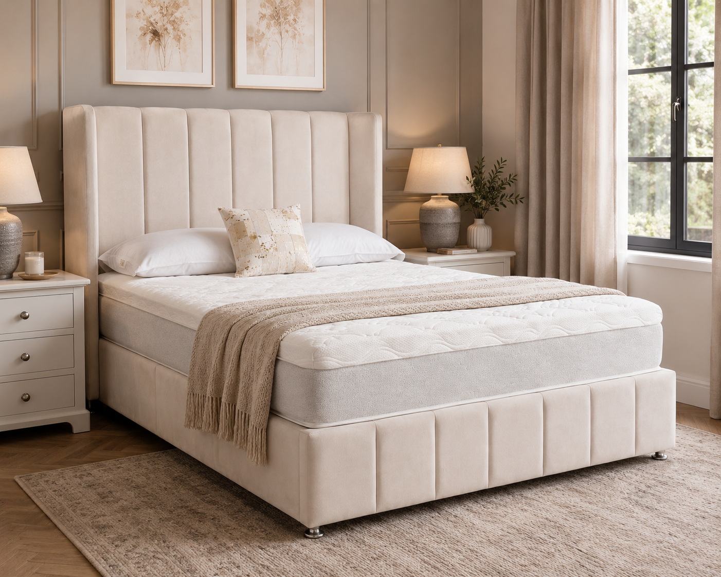Double 4'6 - Cream Fabric Divan Base with Winged Headboard & Footboard – Ex Display