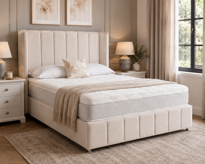 Double 4'6 - Cream Fabric Divan Base with Winged Headboard & Footboard – Ex Display