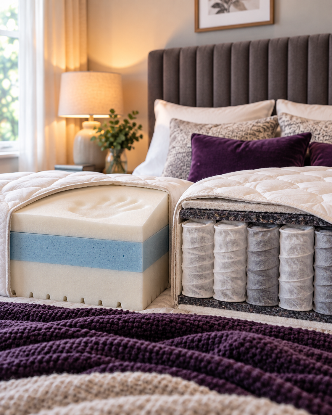 Memory foam and pocket sprung mattress comparison in a styled bedroom