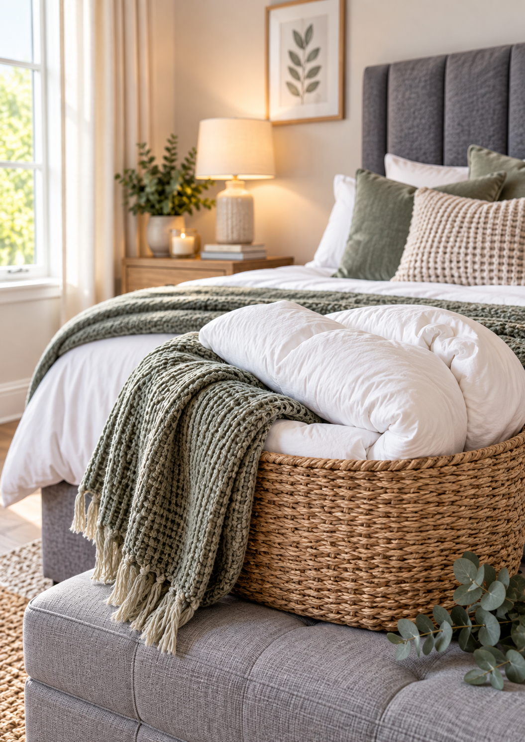 Bright styled bedroom with a mattress that needs replacing.