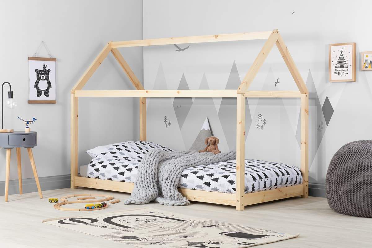 House Bed Frame - Pine, White & Grey