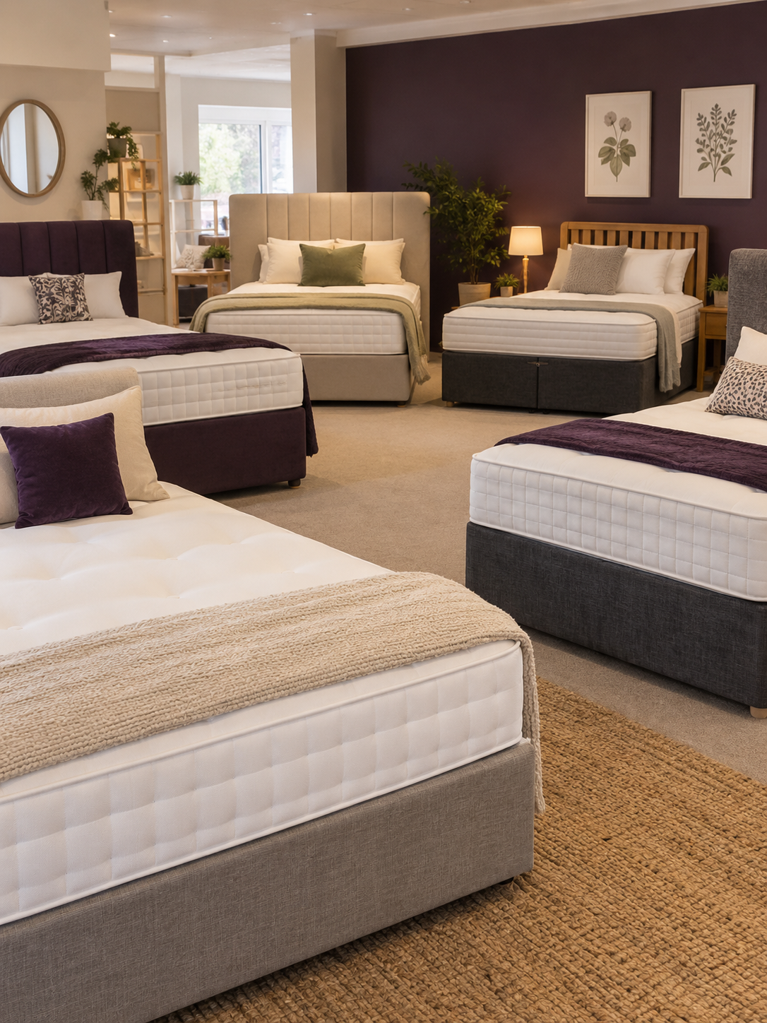 Selection of affordable mattresses displayed in a bed showroom.