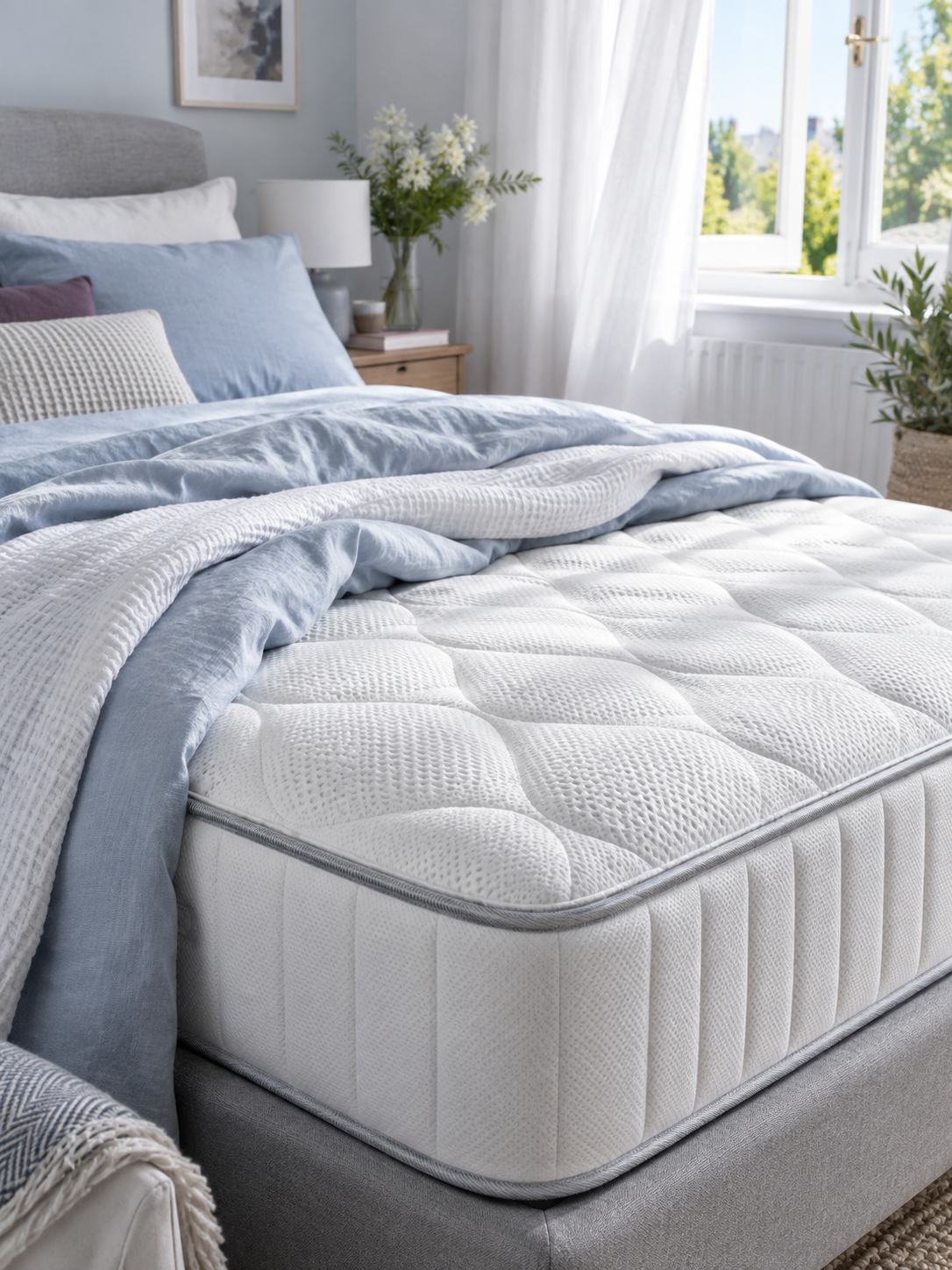 Cooling mattress in a cool toned bedroom.