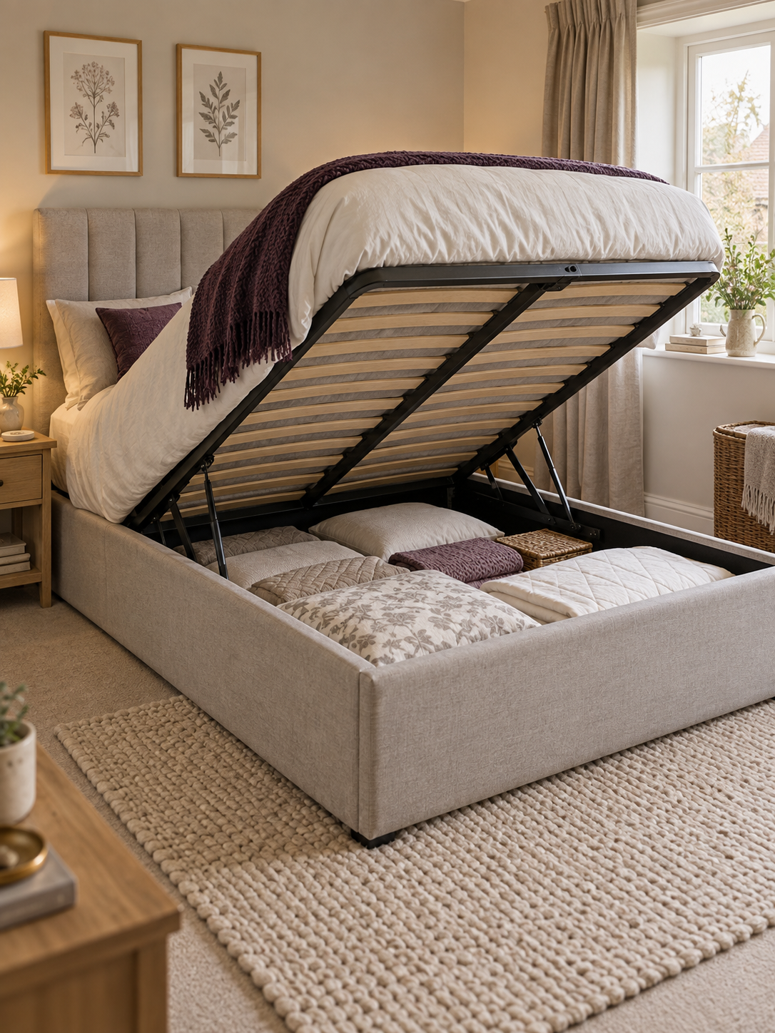 Ottoman storage bed lifted to show storage space underneath.