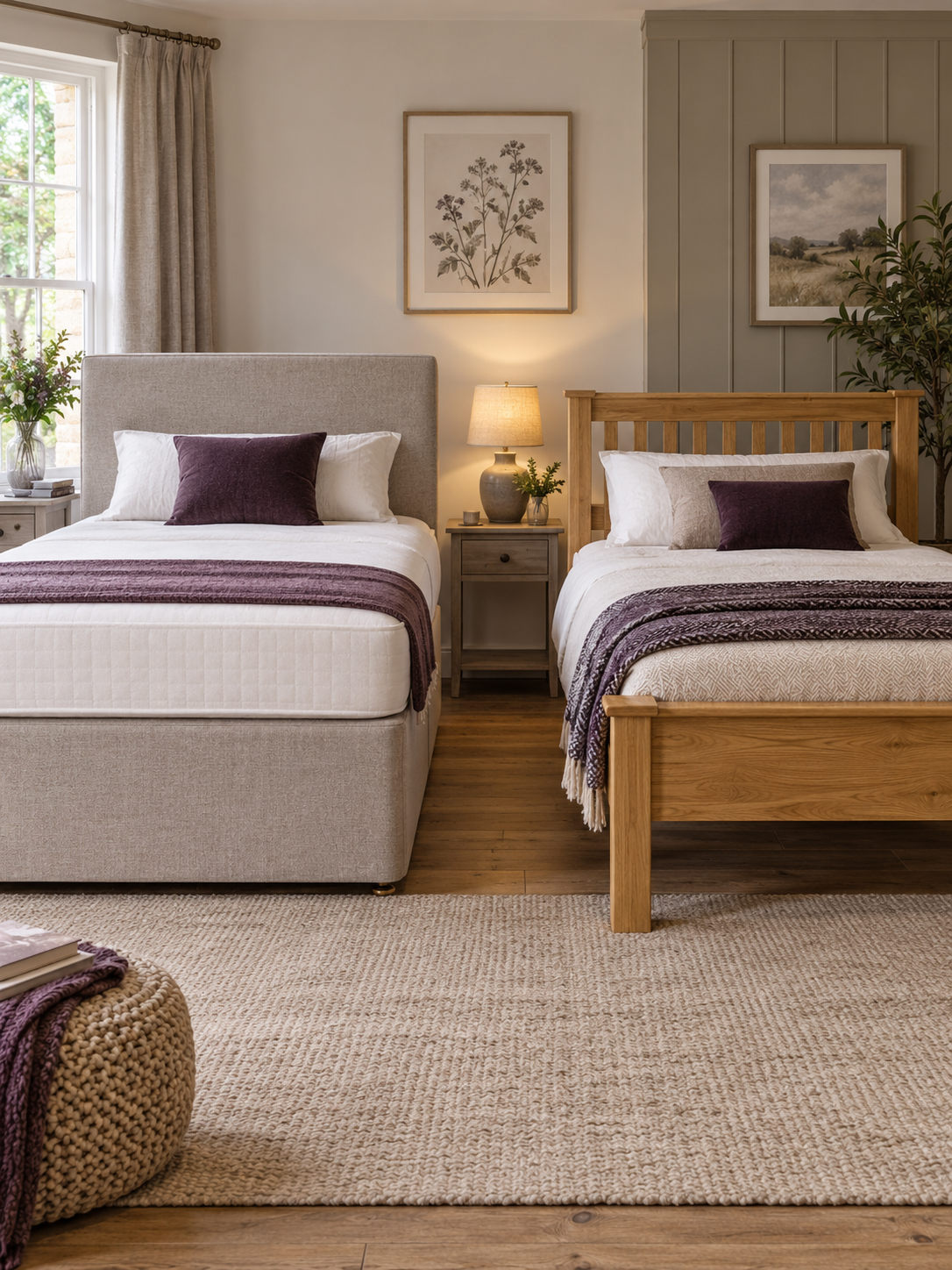 Divan bed and wooden bed frame shown side by side for comparison.