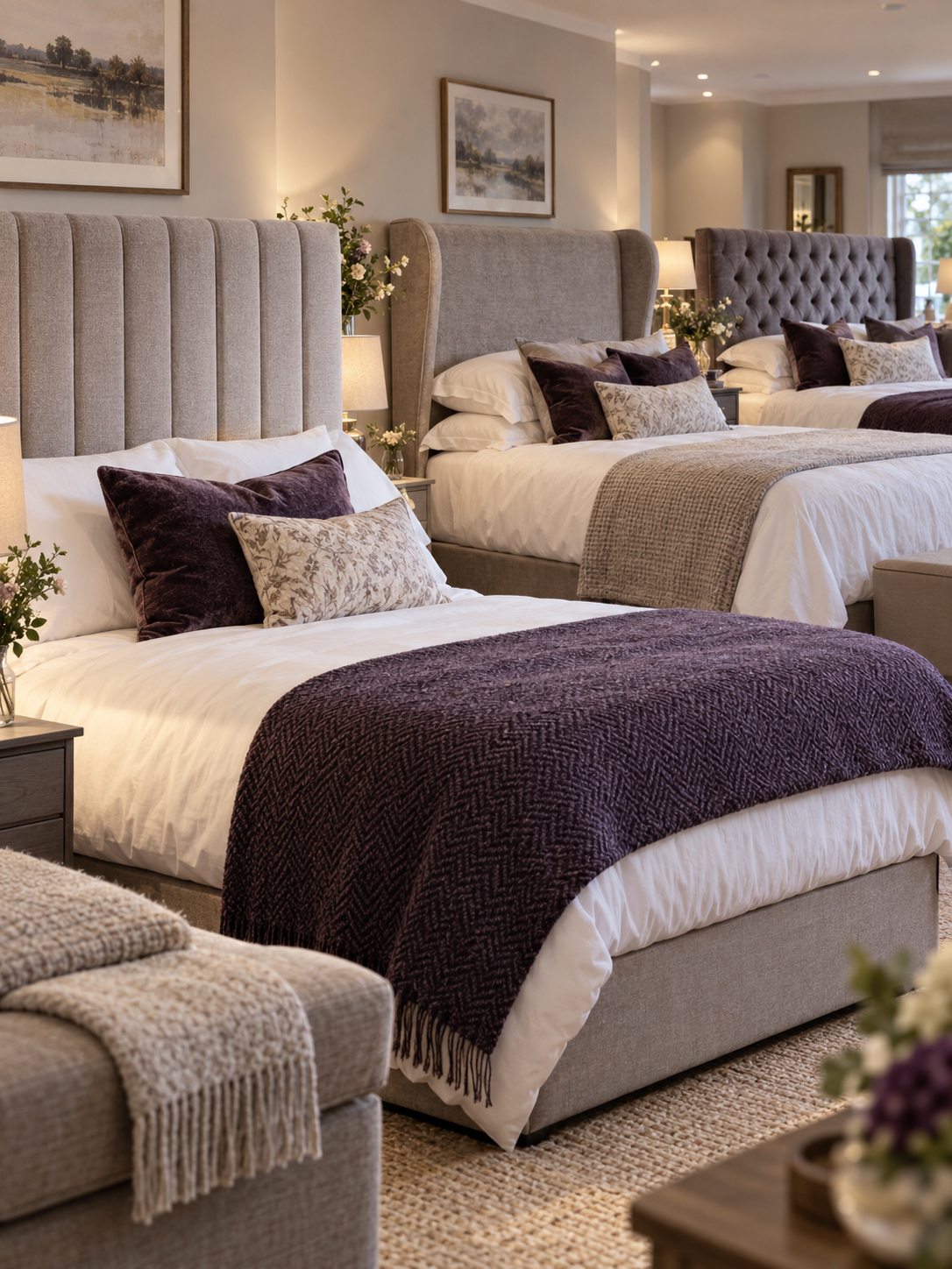 Selection of headboard styles displayed in a showroom setting.