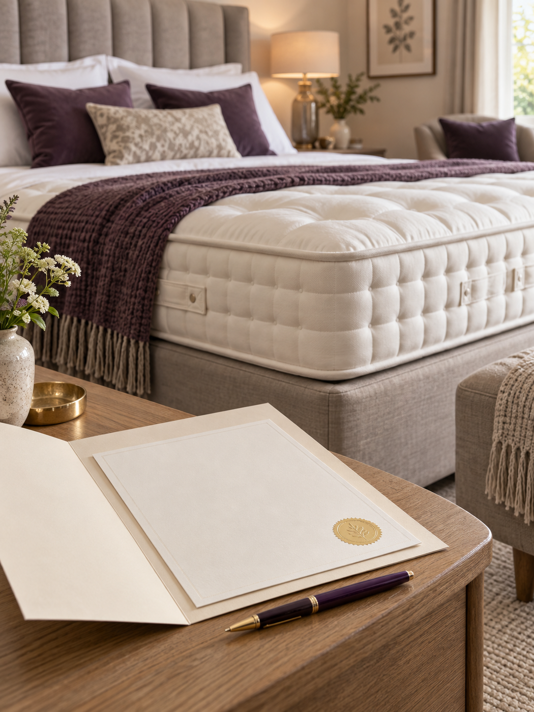 Mattress guarantee and warranty documents beside a comfortable bed.