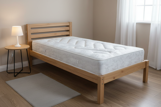 Rome mattress on a simple bed frame in a tidy spare bedroom