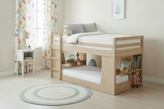 Newport slim foam mattress on top bunk of a children's bunk bed in a playful toddler bedroom